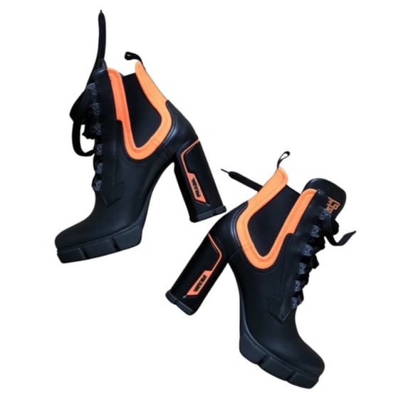 Prada Black/Orange Leather & Neoprene Lace Up Ankle Boots - Picture 9 of 10
